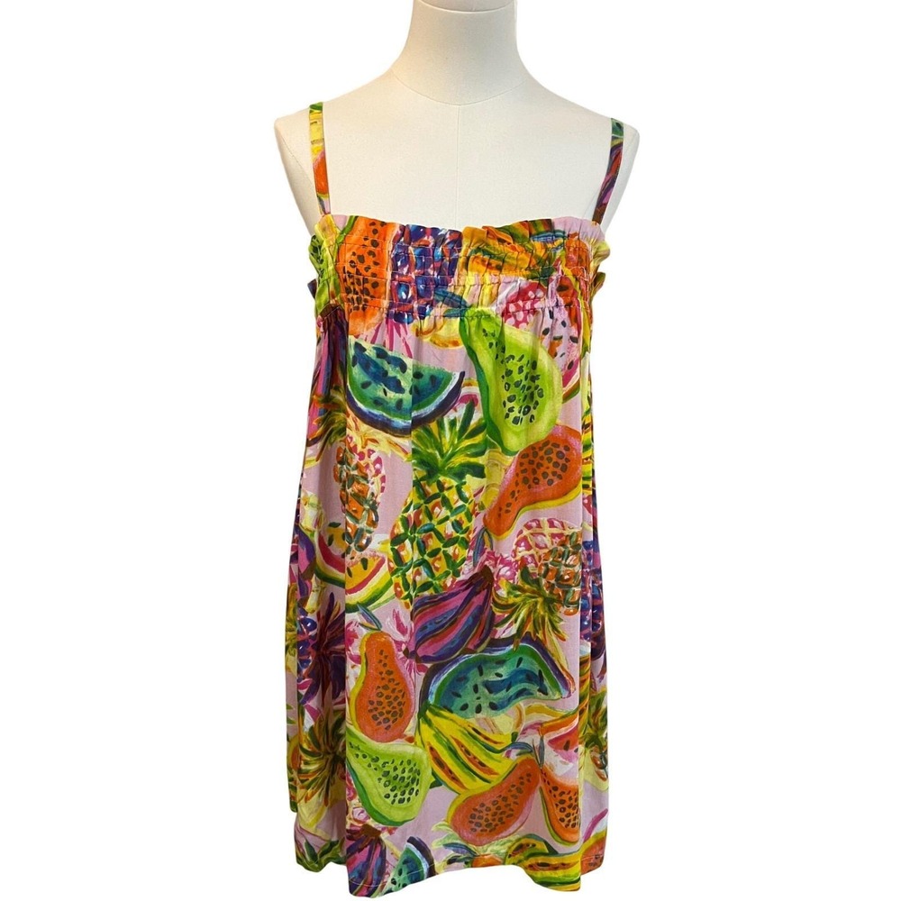 True Destinations Pink Fruit Print Rayon Mini Dress Tropical Smocked Small